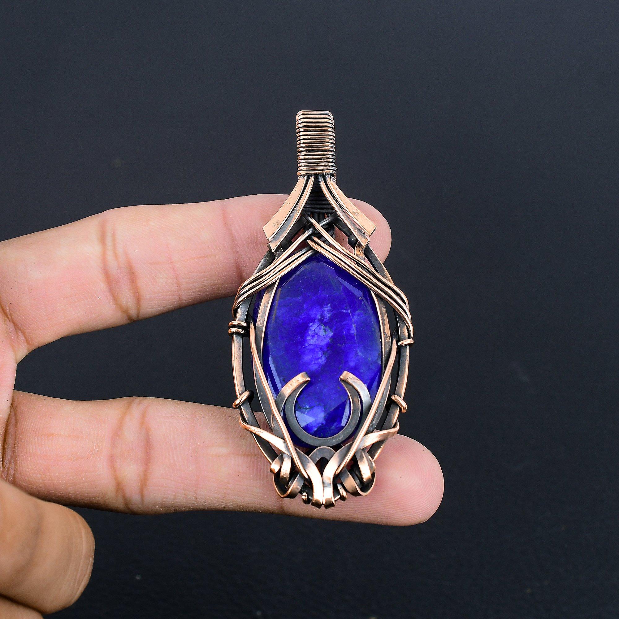 

Кулон с синим сапфиром, Кулон с драгоценным камнем ручной работы, Кулон, обернутый медной проволокой 999 пробы, Антикварное украшение, Для подарка на помолвку 2.55 Inches