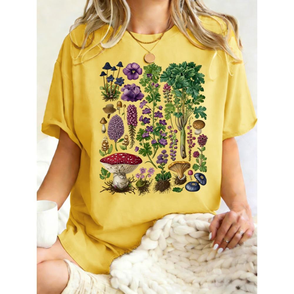 Retro Pilze Blumen Krautige Pflanzen Design Damen T-Shirt Rundhals Kleidung Baumwolle T-Shirt Oversized Sommer
