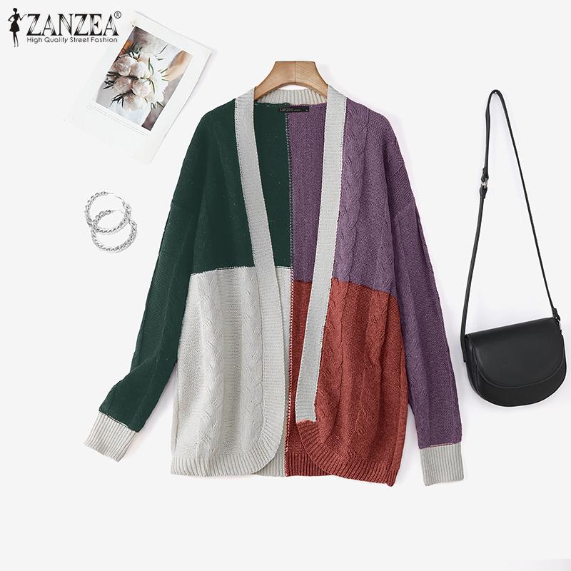 ZANZEA Autumn Winter Women Long Sleeve Patchwork Open Front Casual Loose Sweater Knitwear