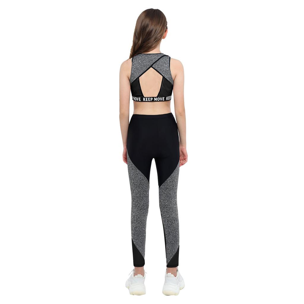 Girls Workout Running Suit Round Neckline Wide Shoulder Straps Top Elastic Waistband Sport Set