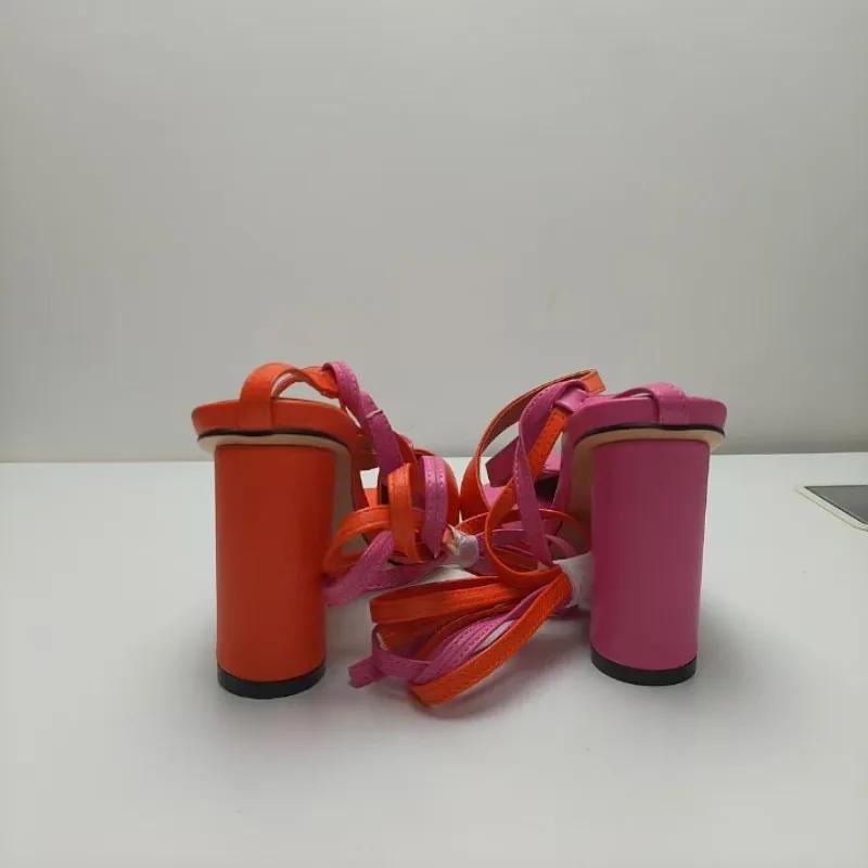 Fashion New Cross Strap Mixed Color Round Heel Sandals European American Runway Style Sexy Side Open Toe High-heeled Women's Shoes 43