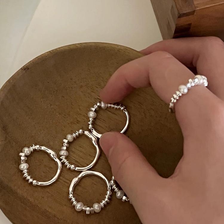 Irregular Metal Silver Color Pearl Ring resizable