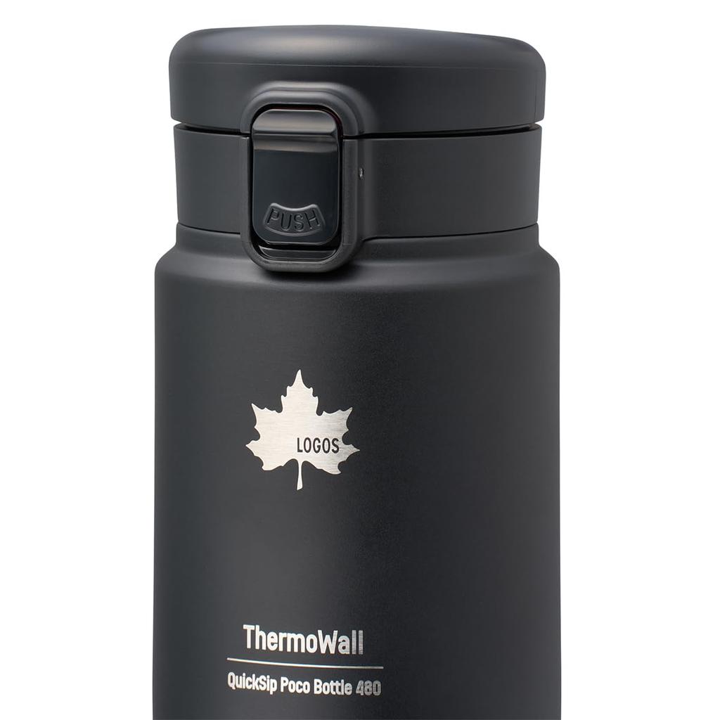 LOGOS ThermoWall Vacuum Insulated Bottle Black 81286171 Camping Mug Bottle Slim Design Lightweight Keeps Drinks Cold and Hot Direct Drinking One-Touch