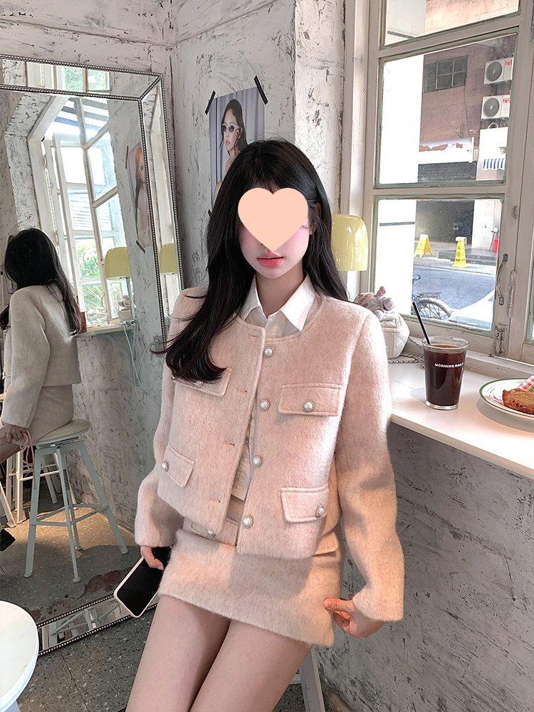 Korean-Style Pink Tweed Coat & A-Line Midi Skirt Two-Piece Set - Chic Spring/Summer Fashion