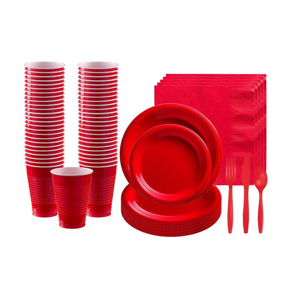 Solid Color Paper Plates Cups Disposable Tableware Christmas Birthday Party Decorations Kid Wedding Red Decor Gift