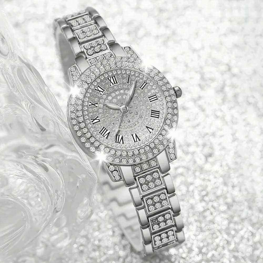 4-teiliges Luxus-Damenuhr-Set Trendige Mode mit Strasssteinen Römischen Ziffern Rundes Zifferblatt Quarz Uhr Armband-Set Perfektes Geschenk