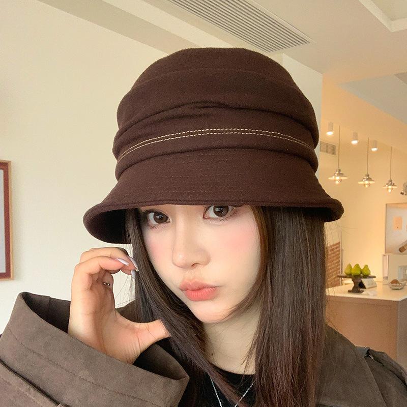 New Literary Style Pleated Bucket Hat Female Face Small Autumn and Winter Retro Woolen Basin Hat Big Head Circumference Sun Hat