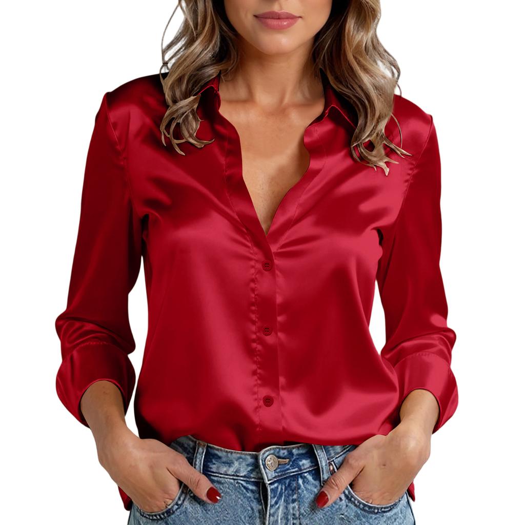 Women's Fashion Casual Shirt Satin Imitation Silk Long-Sleeved Blouse