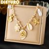 DIEYURO 316L Stainless Steel Conch Starfish Shell Pearl Multi-Pendant Necklace Lady New Woven Rope Chain Vacation Jewelry Gift