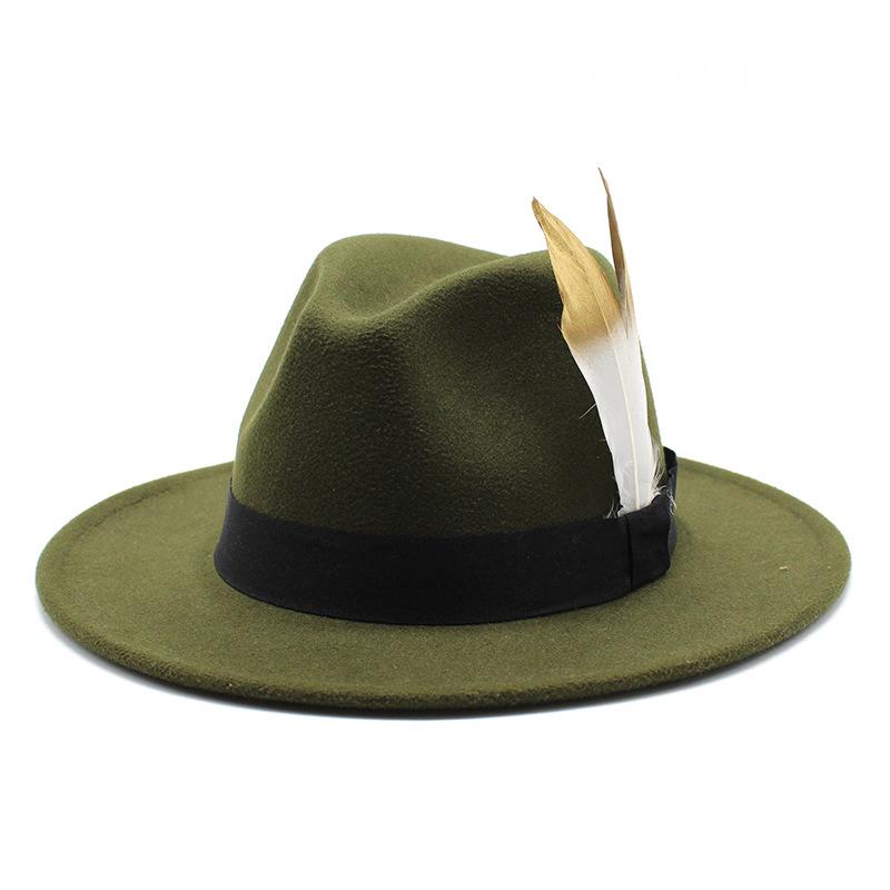 Trendy Wide-Brimmed Hat Woolen Top Hat Versatile Feather Flat Edge Jazz Hat British Style