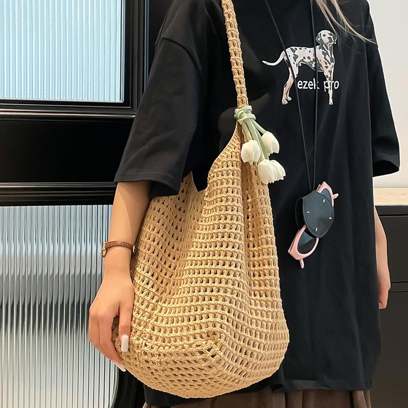 Borsa Intrecciata Casual di Grande Capacità Svuotata Stile Rilassato Borsa a Spalla Singola Borsa da Spiaggia Borsa da Donna