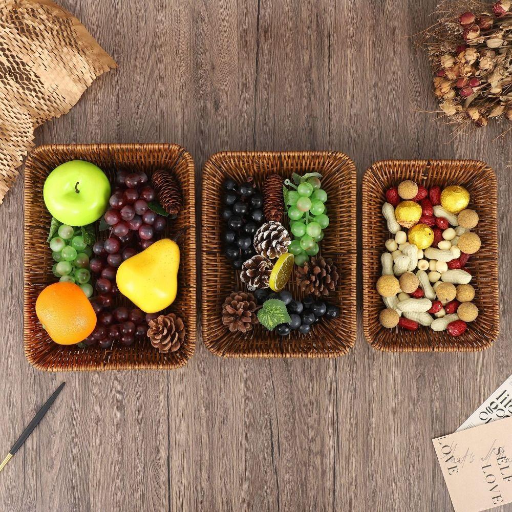 Plastic Rattan Food Plate Rectangle Fruit Tray New Bread Basket  Breakfast Cake Snack