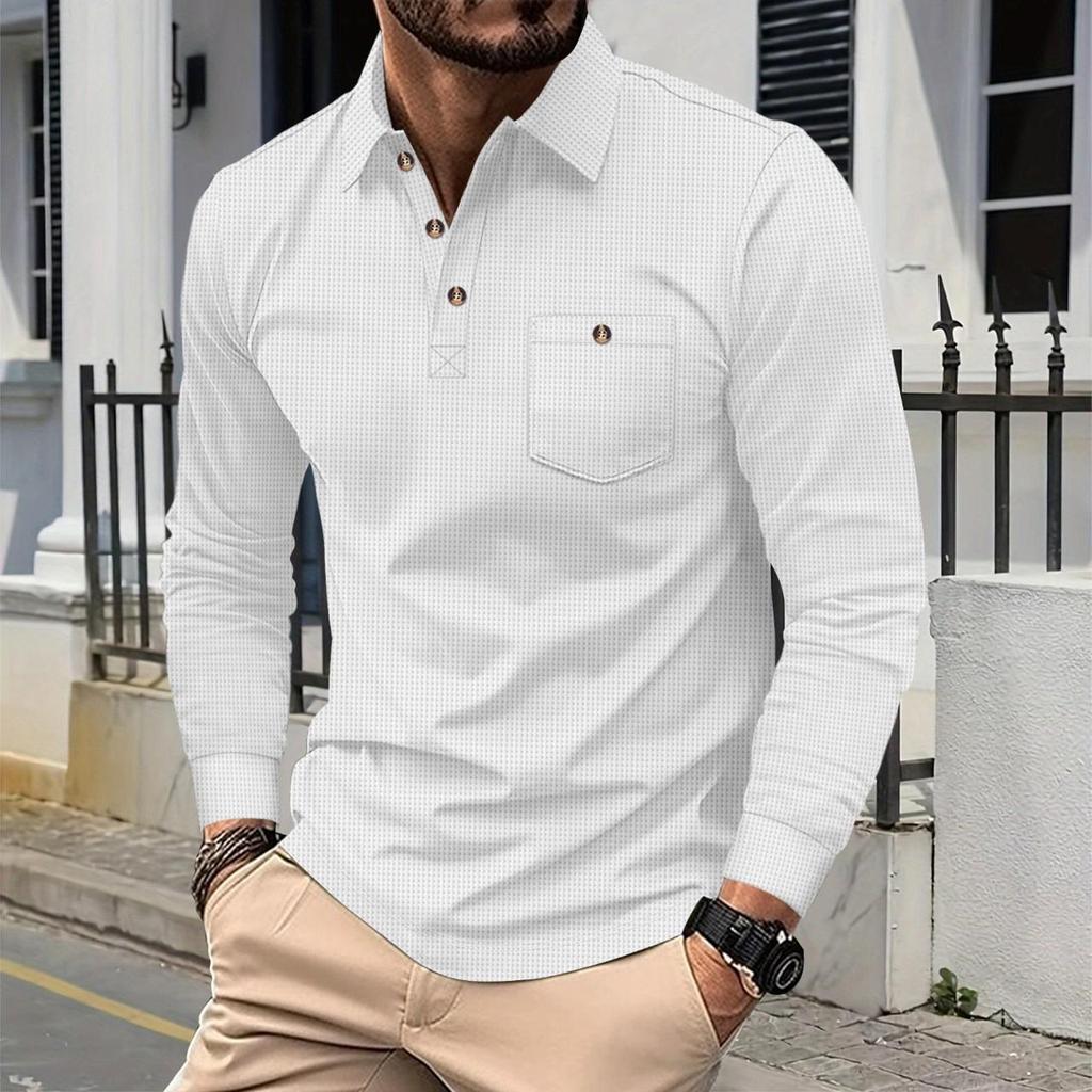 Autumn Solid Color Waffle Knit Lapel Pocket Button Long Sleeve Polo Shirt
