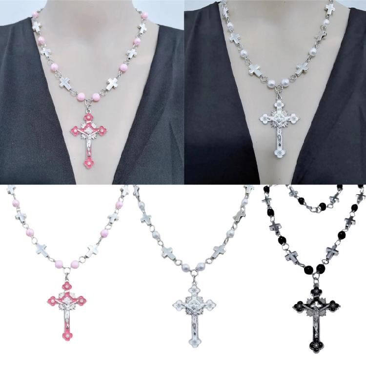 Fashionable Cross Pendant Necklace Pearls Beaded Chain Hiphop Collarbone Chain