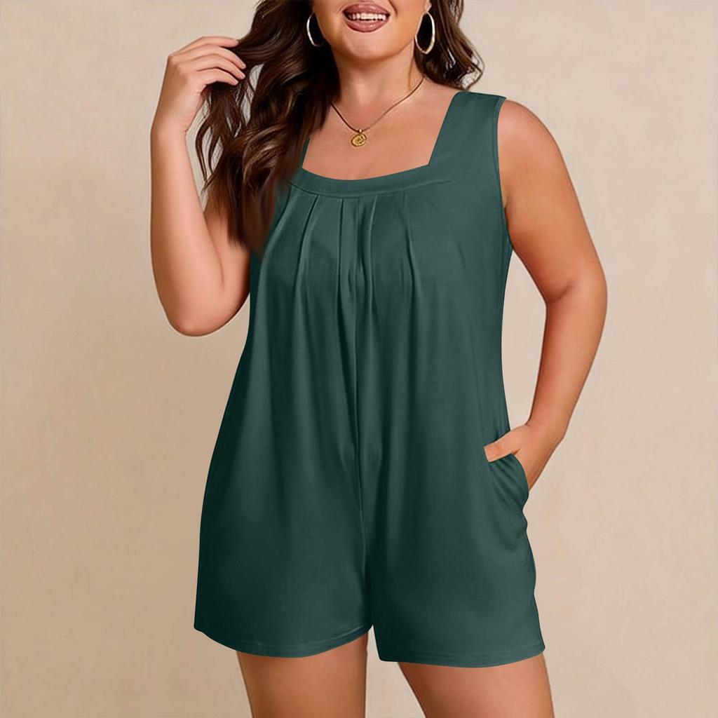 Women's Plus Size Casual Tank Top Sleeveless Pocket Jumpsuit Shorts Set