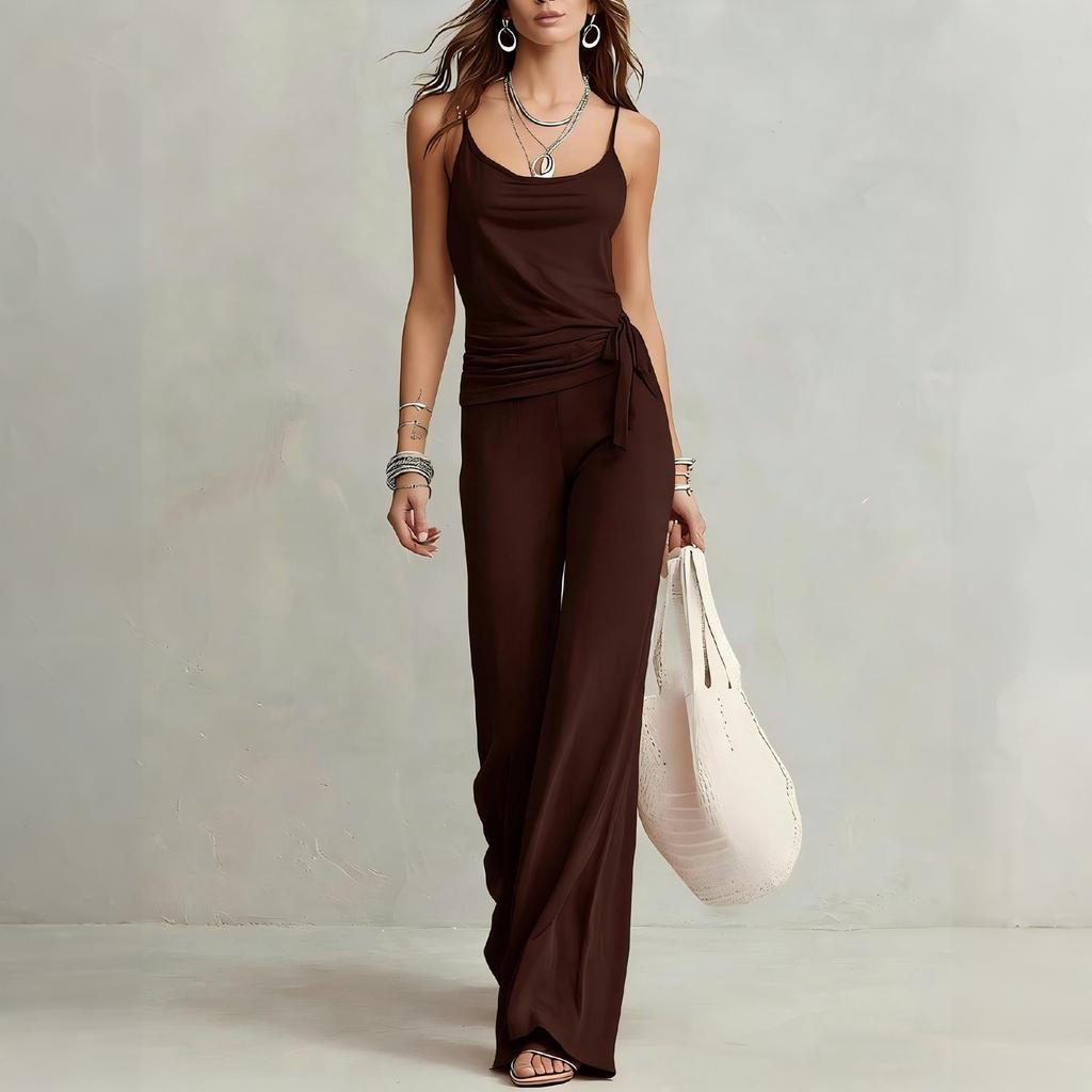 Women Casual Two Piece Set Sleeveless Tank Top with High Waist Wide Leg Pants Lounge Wear Summer Outfit