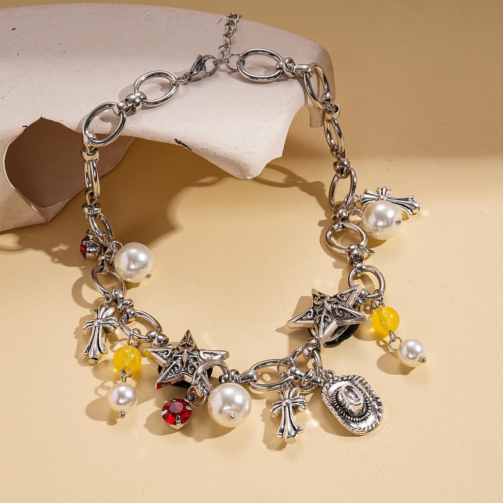 Diamond imitation pearl cross star chain sweater chain old sexy necklace