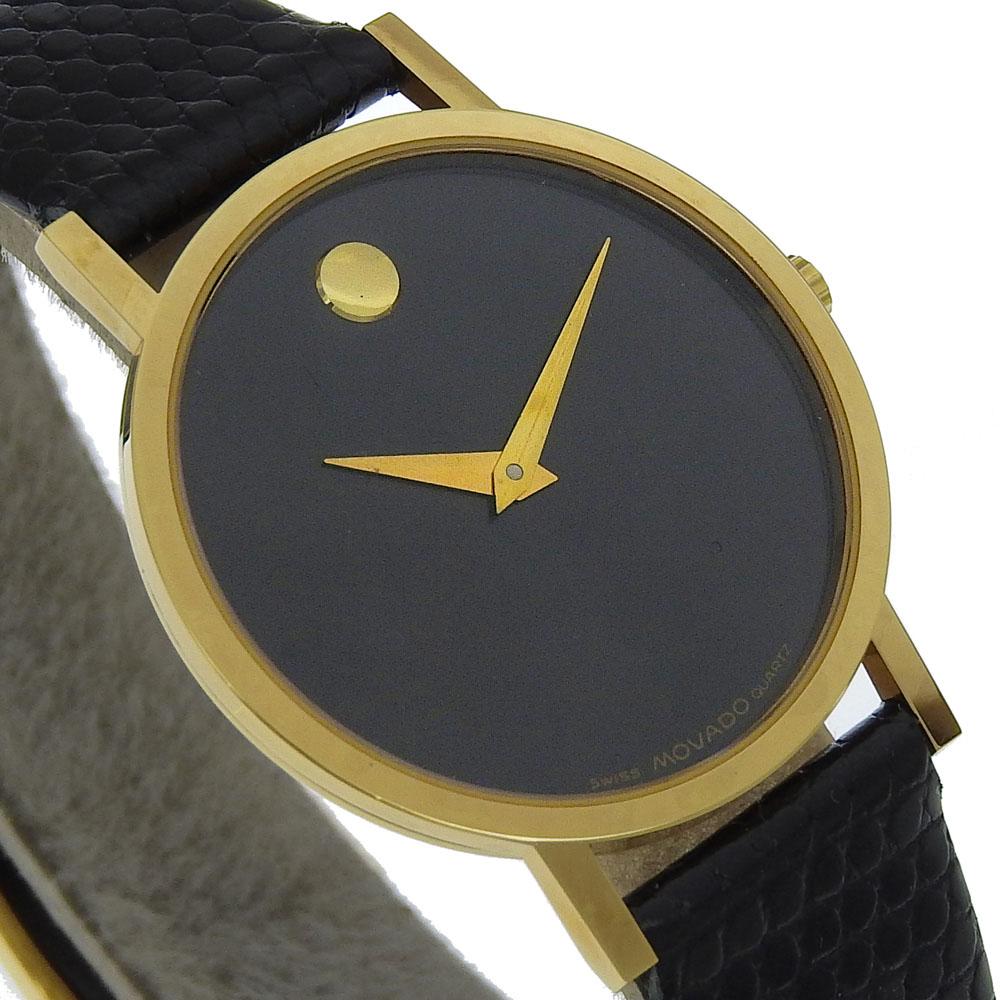Movado Museum Watches 87.45.882 blackDial Plated Gold/Embossed Leather Quartz Analog display mens Used