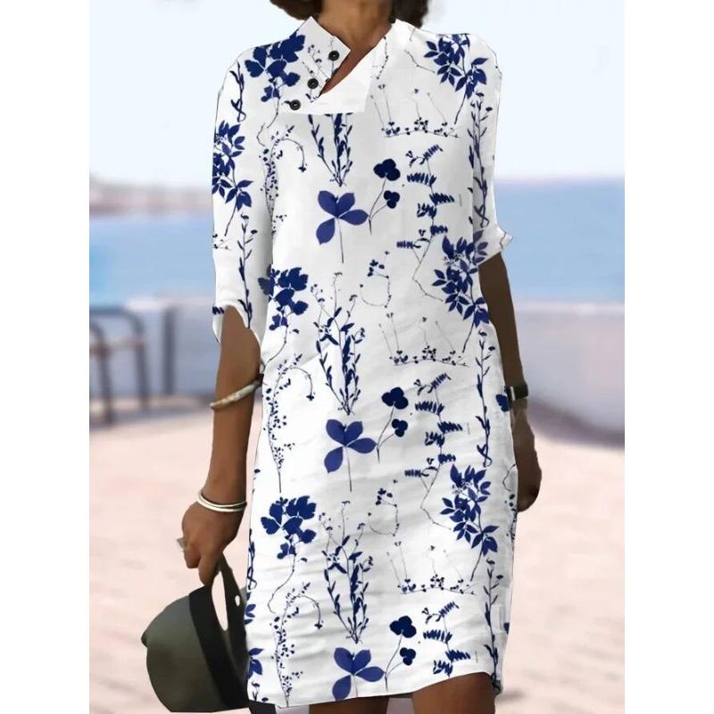 YYFS Women's Fashion Summer Spring Solid Color Print 1/2 Sleeves Stand-Neck Loose Waistline Casual Dresses
