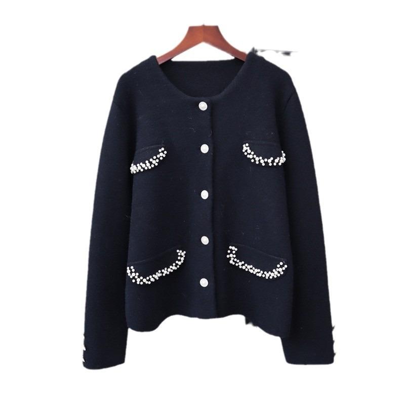 Bead Design Sense Knitted Double-sided Cardigan Women's Autumn and Winter New Temperament Soft Waxy Sweater Jacket