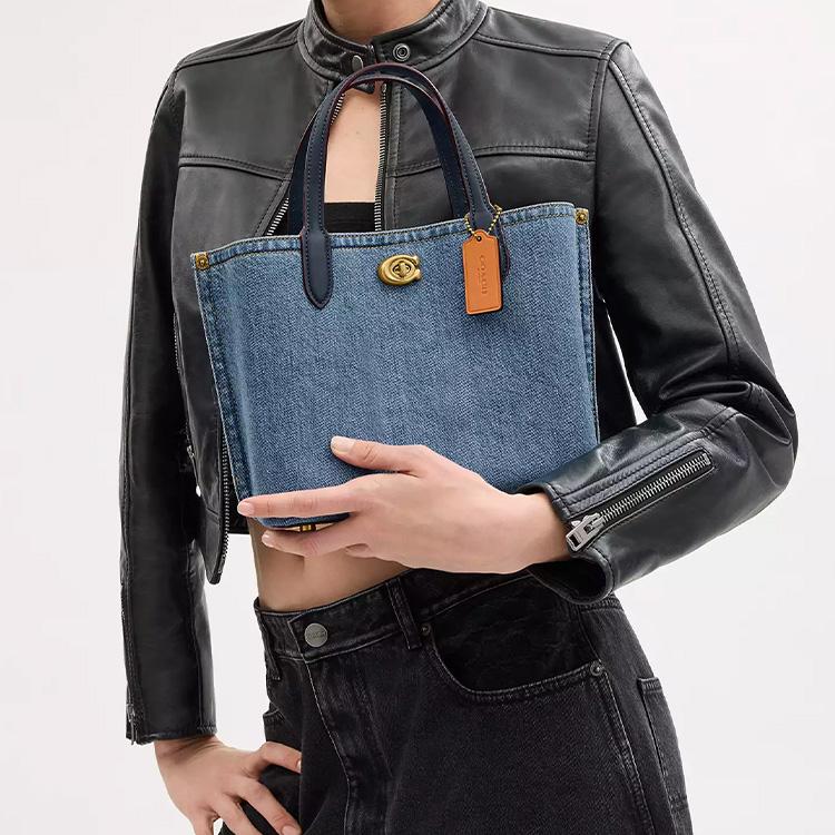 Coach Willow 24 Magnetic Buckle Denim Shoulder Crossbody Handbag Medium Women Handbags Brass Indigo CR708-B4IN