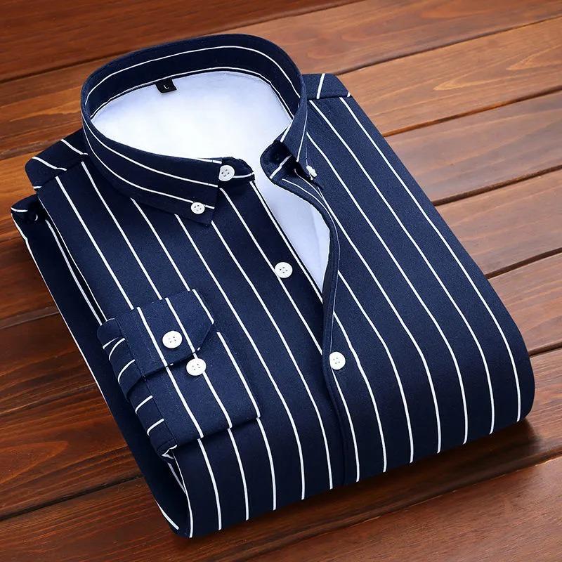 Men's Blue & White Striped Stand Collar Shirt Thickened Casual Long-sleeve Top