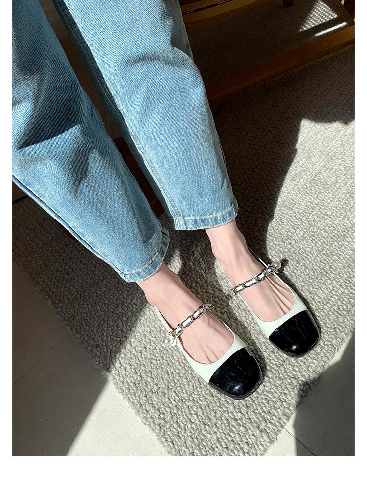 Cowhide Version~ A Miu Leather Color Matching Mary Jane Shoes Women's Spring and Autumn Pearls One-word Belt Flat Shoes Single Shoes Small Leather Sho
