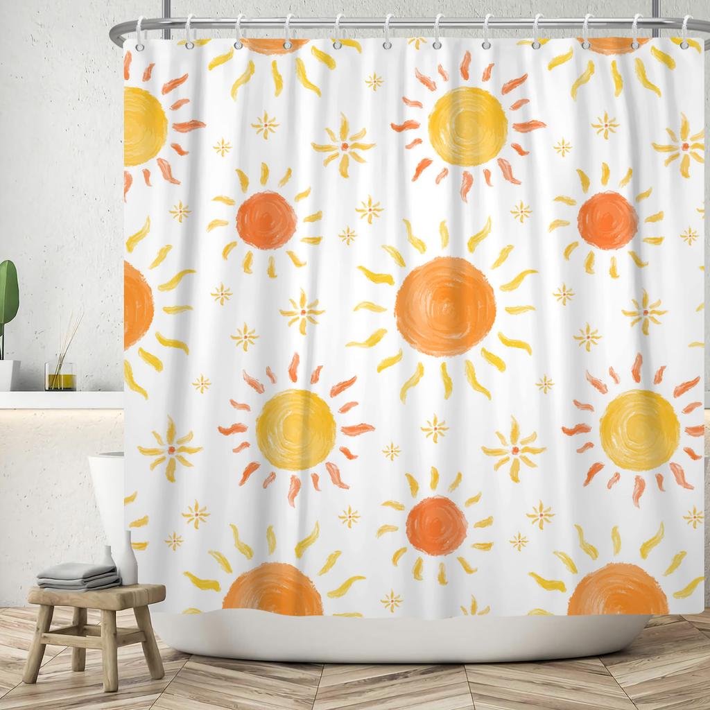 Watercolor Sun Shower Curtain Cute Hand Painted Sunshine Print Waterproof Bath Curtain For Bathroom Decor Polyester With Hooks