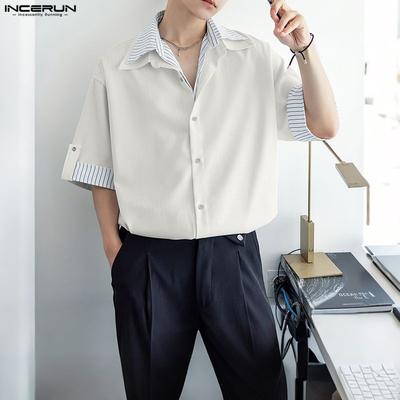 Men Lapel Neck Short Sleeve Striped Print Oversized Shirts Tops
