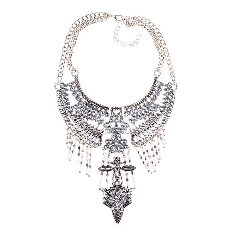 

Exaggerated Geometric Pendant Alloy Inlaid Diamond Vintage Silver Collarbone Stick Tassel Necklace Wholesale