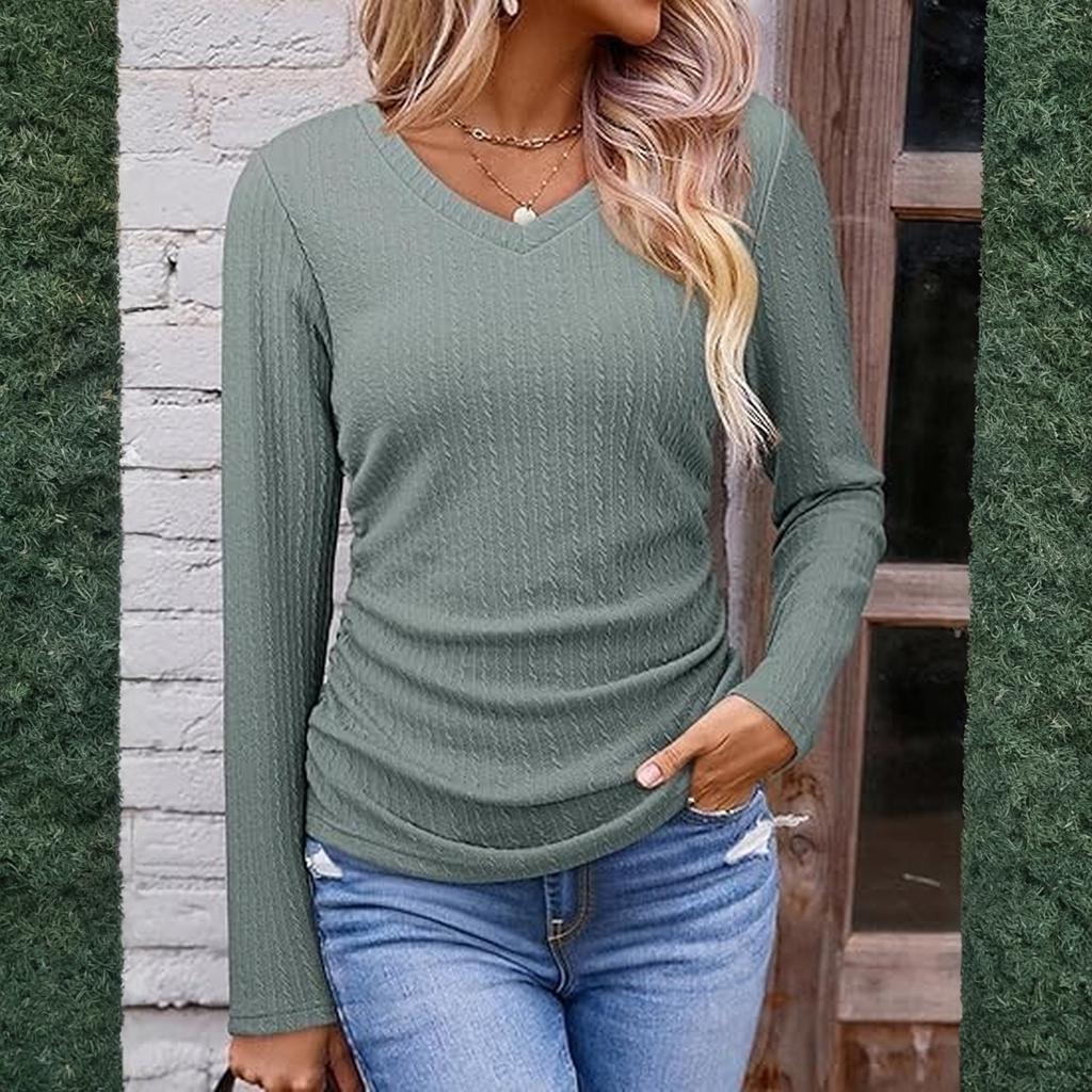 Women's Fashionable Casual Solid-color Long-sleeved Pullover Round-neck T-shirt Top