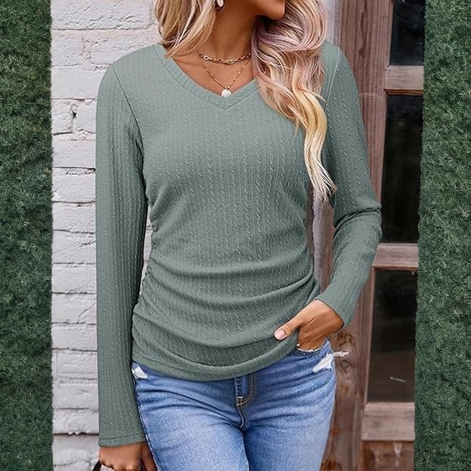 

Women s Fashionable Casual Solid-color Long-sleeved Pullover Round-neck T-shirt Top L зелений