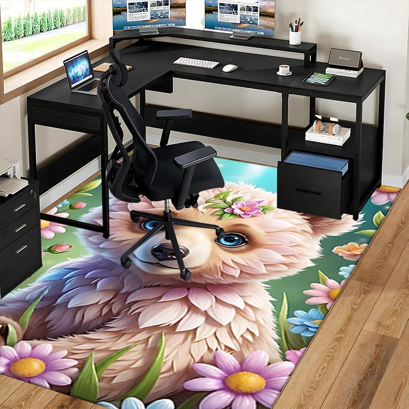 1pc Anime Cartoon Design Office Chair Mat - Flower Bear Floral Pattern Anti-Slip Carpet for Home Decor, Suitable for All Seasons.H053