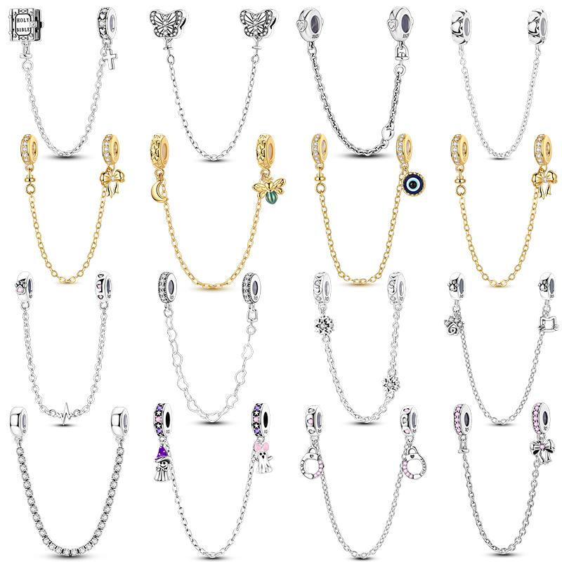 Safety Chain Charms 925 Silver Love Bow Star Moon Snowflake Safety Chain Fit Bracelet DIY Women's Jewelry