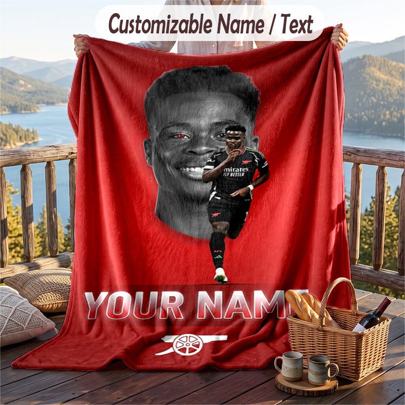 Flannel Blanket Bukayo Saka Print Custom Name Text Soft Throw for Sofa Bed