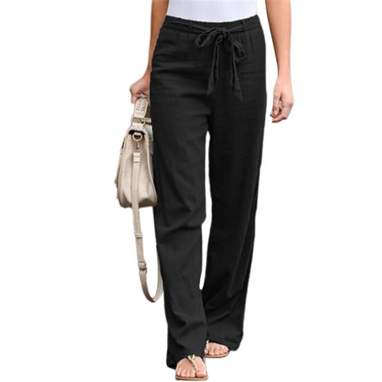 Women Casual Solid Color High Waist Belt Wide Leg Long Straight Pants Trousers
