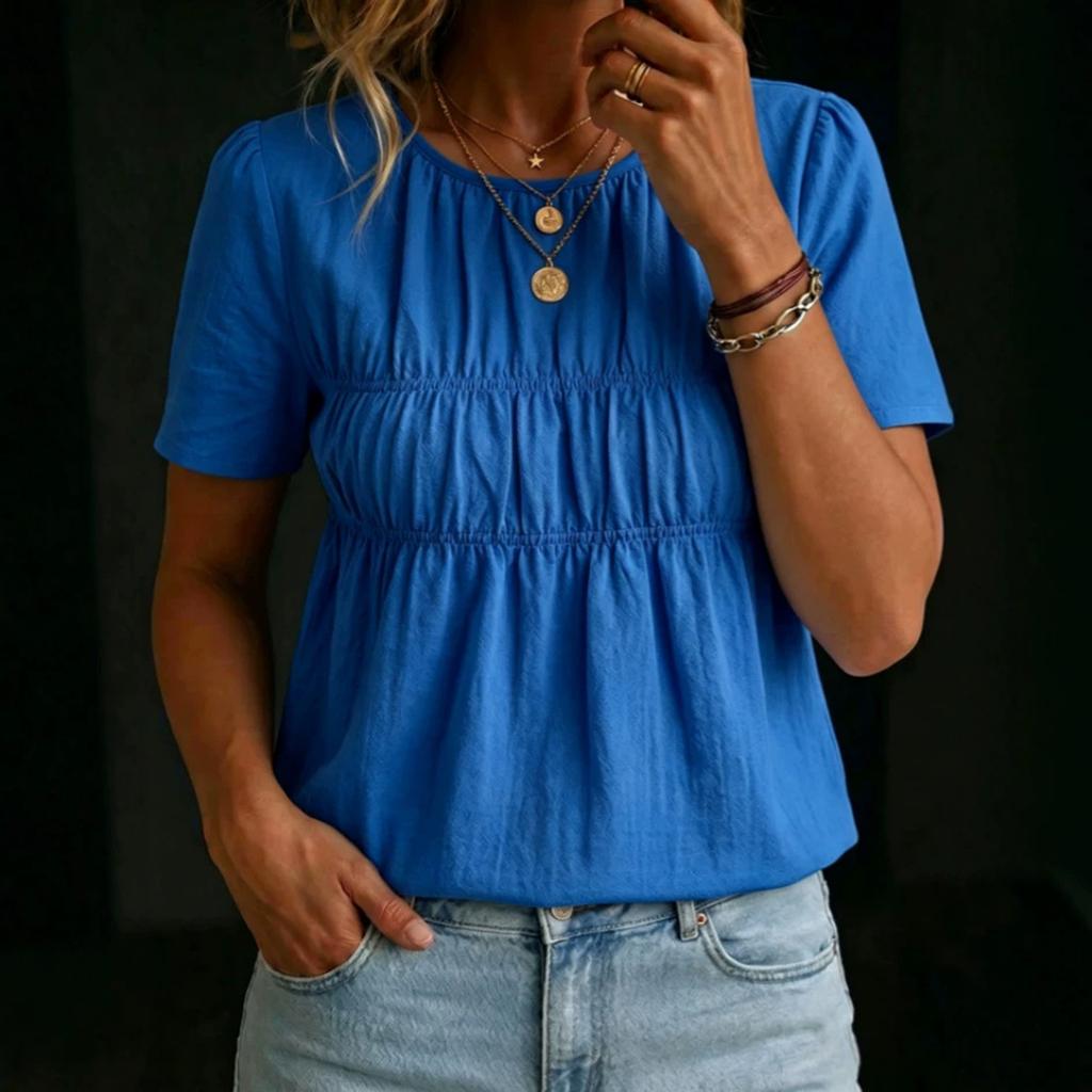 Women's Casual Short Sleeve T-Shirt Round Neck Solid Color Gathered Waist Relaxed Fit Lightweight Top for Everyday Wear