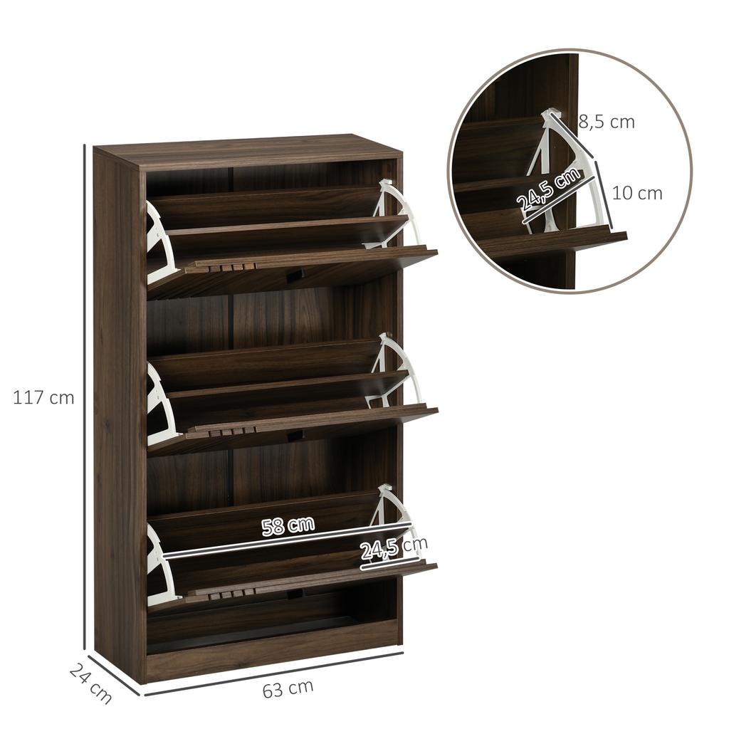 Schuhschrank, 3 Klapptüren, Platz für 18 Paar, 63x24x117cm, Dunkle Walnuss