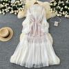 French Fairy Vacation Dress Female Autumn Three-dimensional Flower Strap Single-breasted Mesh Skirt + Suspender Skirt