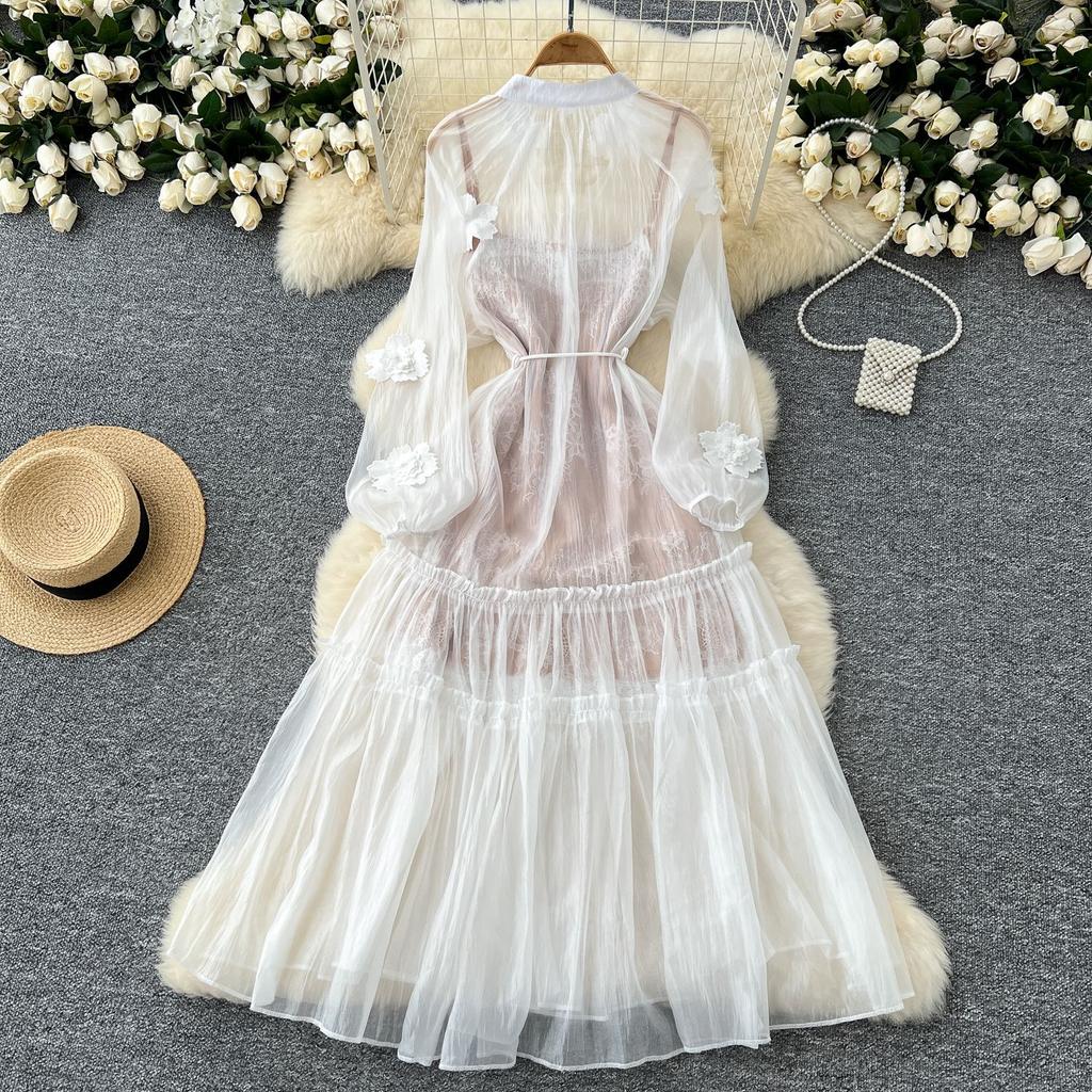 French Fairy Vacation Dress Female Autumn Three-dimensional Flower Strap Single-breasted Mesh Skirt + Suspender Skirt