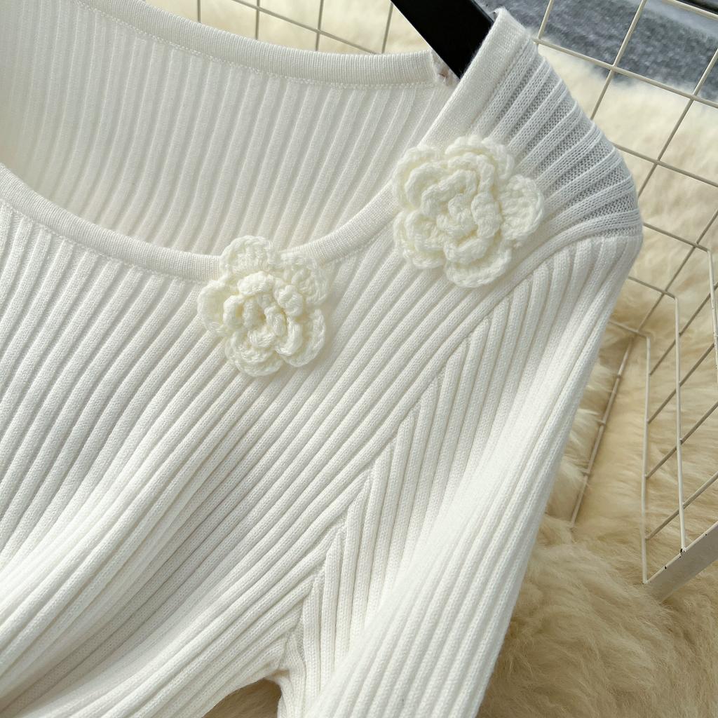 Spring Autumn Women Elegant 3D Flower Knitted Sweater Sheath Dresses Full Sleeve Midi Party Slim Pullover Dress