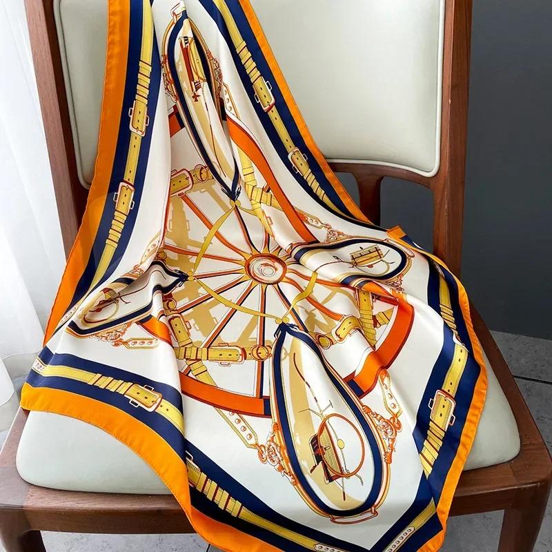 Luxury Design Skinny Square Scarf Women Chain Print Foulard Neckerchief Lady Soft Satin Hairband Head Hijab Bag Ribbon Gift