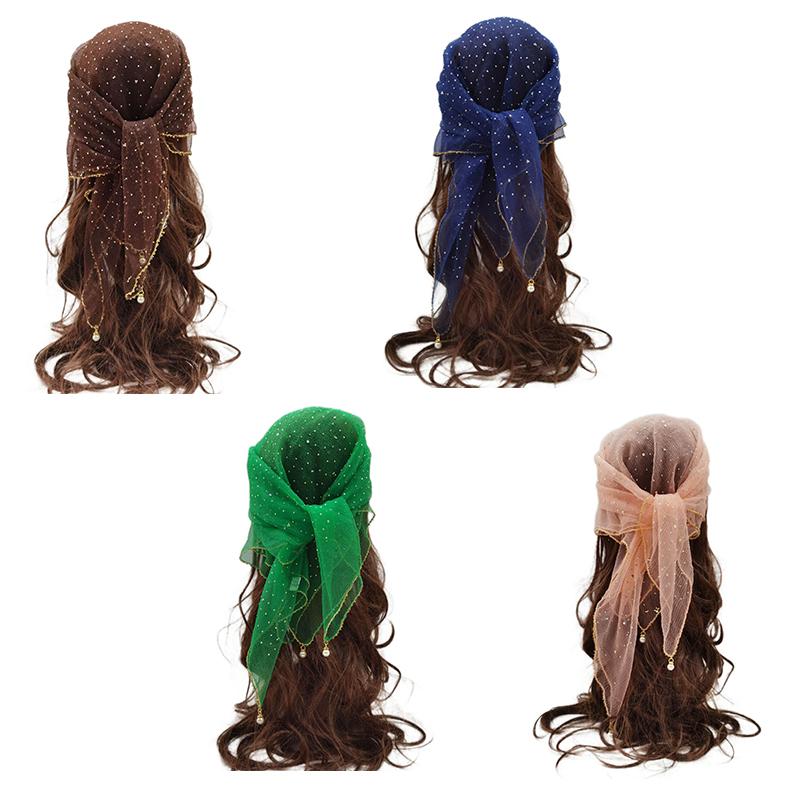 Versatile Pearl Tassel Rhinestone Square Scarf Lace Trim Hair Wrap Full Sky Star Headwrap Solid Color Breathable Fabric Scarf