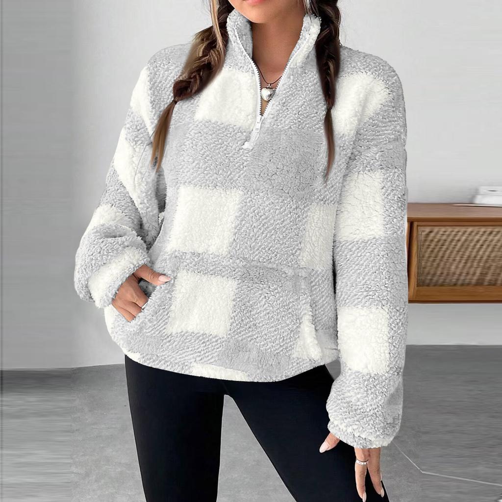 Damen Karo Halb-Reißverschluss Langarm Sweatshirt Lässiger Pullover