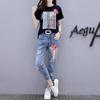 Summer Women Sets Fashion Short Sleeve T Shirt + Hole Jeans 2pcs Girl Casual  Pants Suits