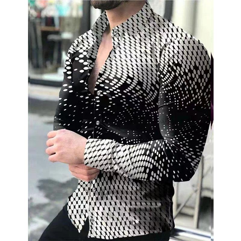 2026 Europa e Estados Unidos Nova Primavera Camisa Masculina de Manga Longa Camisa Plus Size Gradiente Slim Estampa Geométrica Camisa Casual