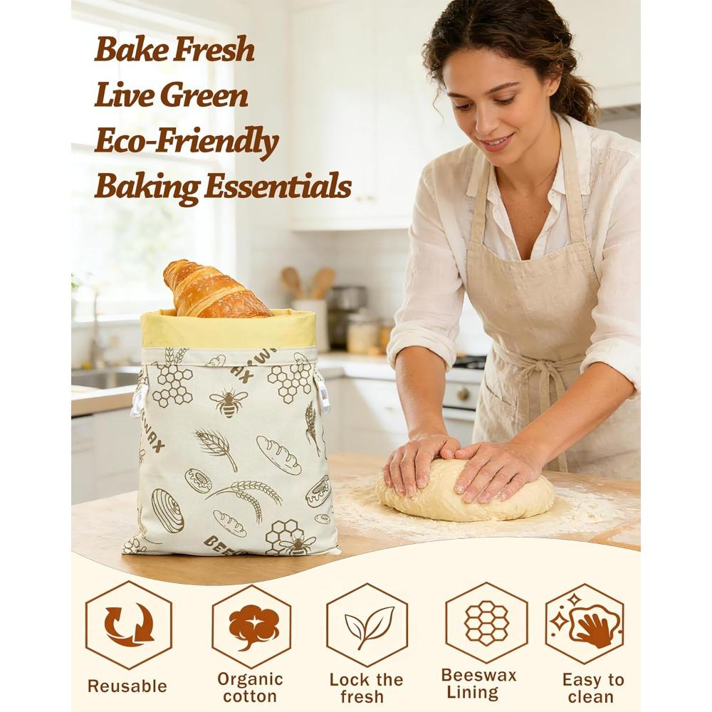 Sacos reutilizáveis de cera de abelha para pão caseiro e fermento natural - Pacote com 2; Sacos de armazenamento de pão de algodão orgânico e linho de 17 polegadas x 13 polegadas