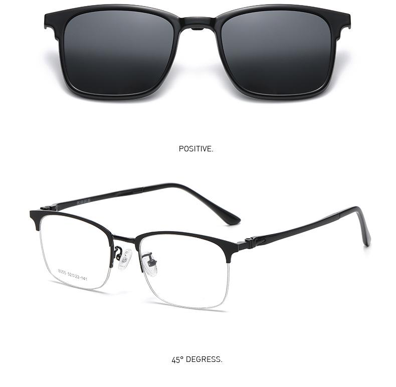 Magnetic Clip-On Sunglasses for Men - Polarized Dual-Use Myopia Half-Rim Frames for Indoor-Outdoor Driving