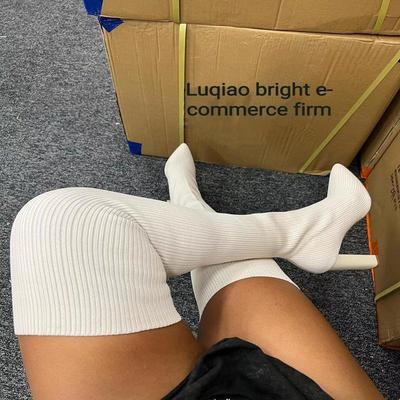 Botas de lana tejidas con tacón alto por encima de la rodilla para mujer, otoño/invierno