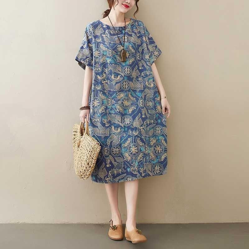 Dámské oblečení Literární a retro potisk Bavlna a len Šaty s krátkým rukávem Zakrývající maso a zeštíhlující Volné Středně dlouhé šaty
